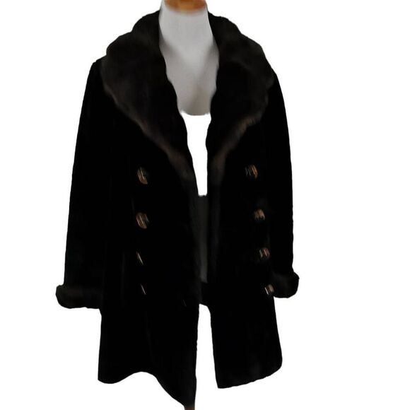 Vintage 1970s Double Breasted Black & Brown Faux Fur Coat | Borgazia by Fairmoor - Picture 6 of 13